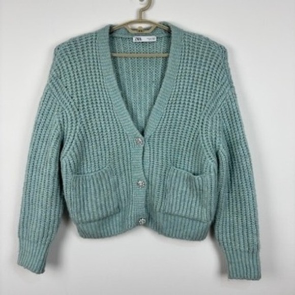 Zara Sweaters - ZARA Blue Jewel Button Chunky Slouchy Cardigan Cropped Small oversized cropped